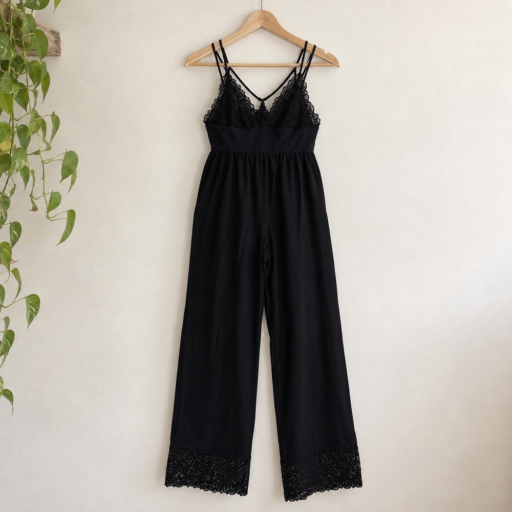Victorias Secret Black Lace Trim Wide Leg Jumpsuit XS Sleeveless Adjustable